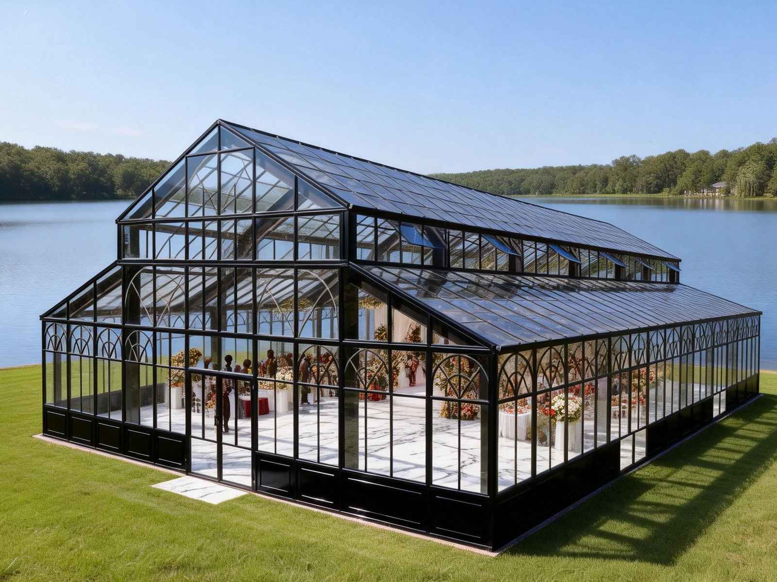 large glass greenhouse, tempered glass greenhouse, metal frame greenhouse, Large Glass Greenhouse YSGH-208: 800㎡ Luxury Venue for Weddings & Events
